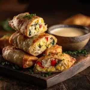 A close-up shot of a perfectly cooked Southwest Chicken Egg Roll, cut in half to show the savory chicken, cheese, and vegetable filling.