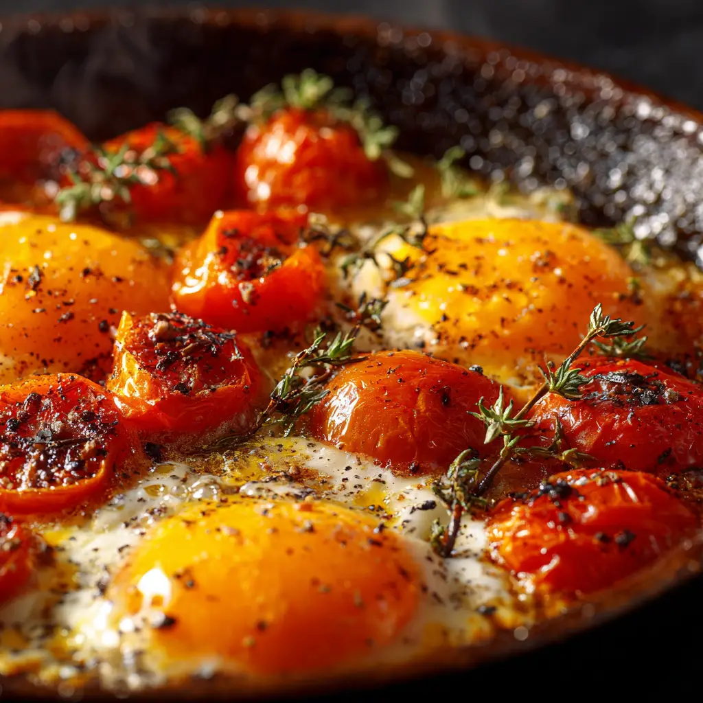 Pili Pili Eggs: The Ultimate Spicy African Breakfast Recipe 2 An extreme close-up of a sunny-side-up egg simmering in a spicy African tomato sauce. The vibrant red of the sauce contrasts beautifully with the bright yellow yolk.