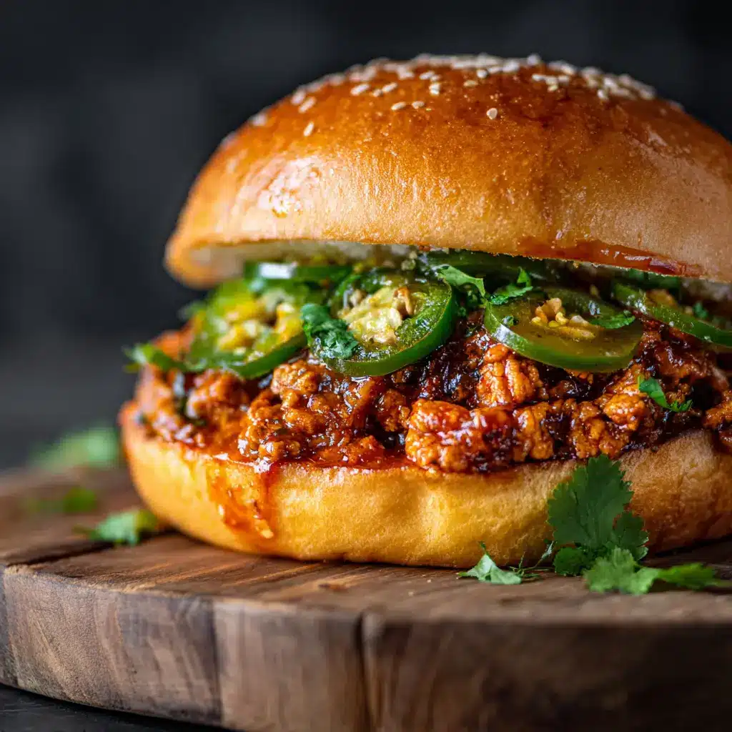 A close-up view of the spicy ground chicken mixture for Cajun Sloppy Joes simmering in a skillet, with visible chunks of onion and bell pepper.
