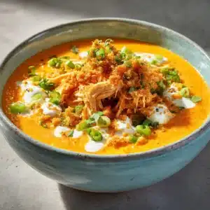 A rustic light blue ceramic bowl filled with spicy chicken soup, garnished with green onions and sitting on a wooden table.