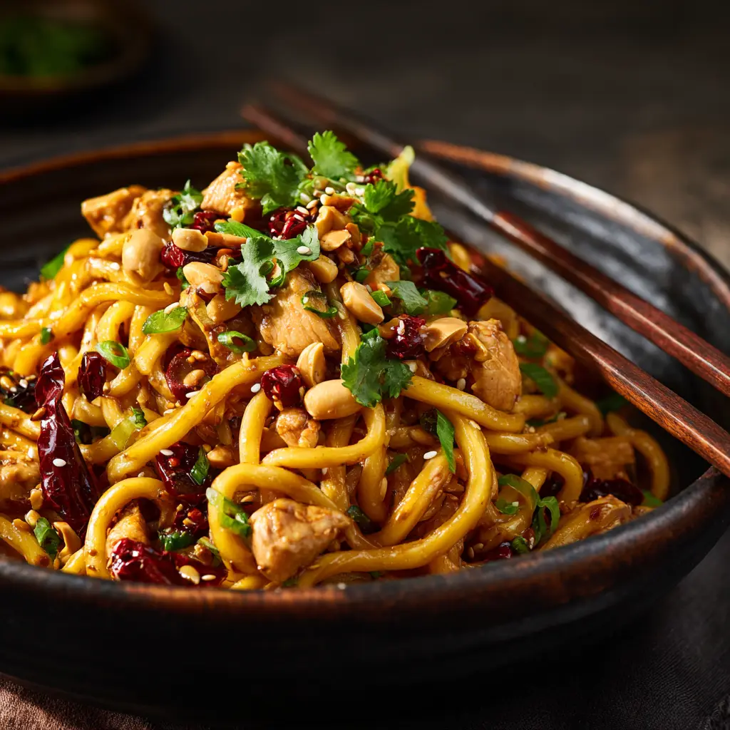 A close-up shot of Kung Pao Chicken Noodles in a white bowl, showing the texture of the spicy Sichuan sauce on the noodles and chicken.