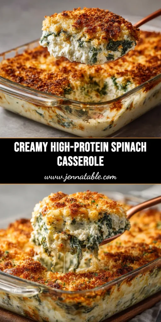 A delicious slice of Spinach and Cottage Cheese Casserole on a white plate. The high-protein, low-carb casserole is golden brown and cheesy, perfect for a healthy dinner.