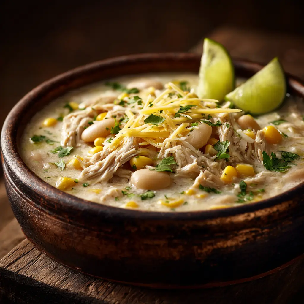 A spoonful of healthy white chicken chili being lifted from a bowl, showing the delicious mix of shredded chicken, cannellini beans, and savory broth.