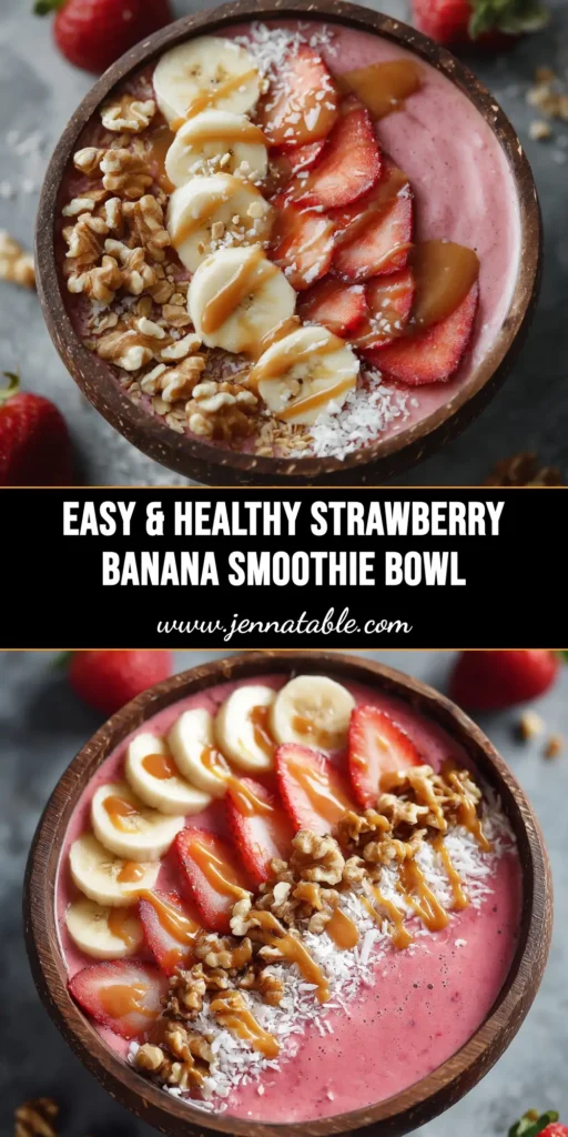 An overhead shot of a vibrant pink Strawberry Banana Smoothie Bowl topped with fresh strawberries, banana slices, and granola, ready to be shared on Pinterest.