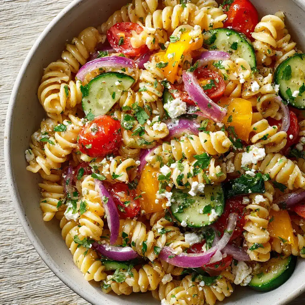 A serving of the best pasta salad on a white plate, showcasing the colorful mix of vegetables and perfectly cooked pasta.