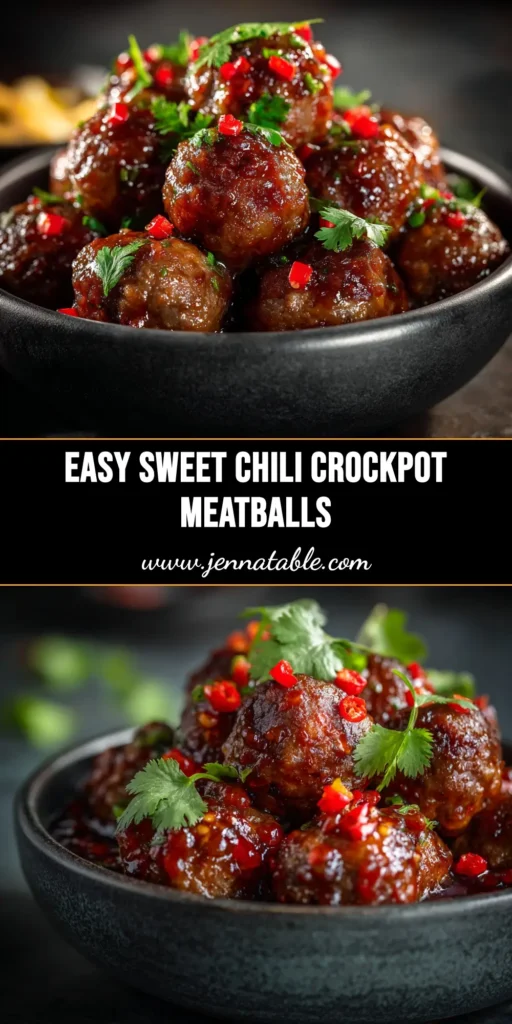 An overhead shot of sweet chili meatballs crockpot recipe, simmering in a dark slow cooker with a rich, glossy red sauce. Perfect for an easy party appetizer.