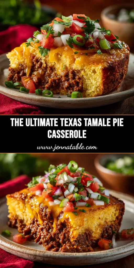 A delicious and easy Texas Tamale Pie Casserole recipe. This one-pan meal features a savory beef filling topped with a golden cornbread crust, perfect for a weeknight dinner.
