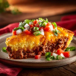 A generous slice of Texas Tamale Pie Casserole on a white plate, showing the layers of beef filling and cornbread topping.