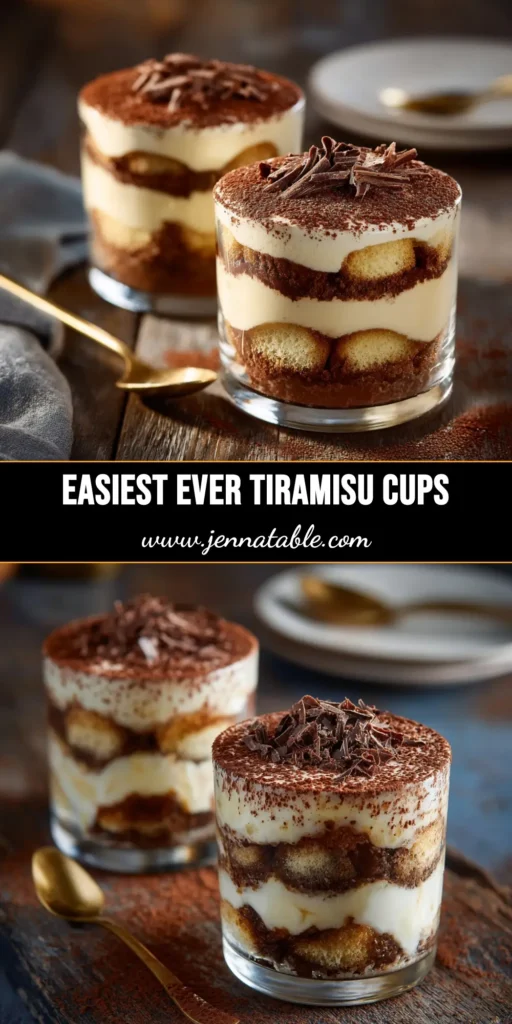 A beautiful overhead shot of individual Tiramisu Cups in glass dessert dishes, dusted with cocoa powder. This easy no-bake recipe is perfect for any occasion.
