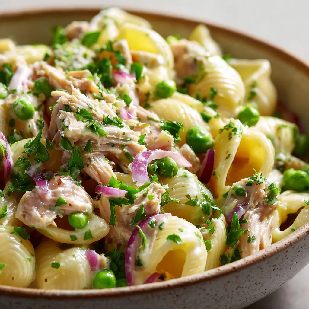 A close-up shot of the tuna macaroni salad, showing the texture of the pasta, flakes of tuna, and pieces of celery and red onion in a creamy dressing.