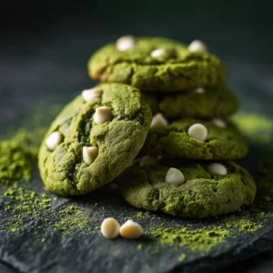 Vibrant green matcha cookies studded with white chocolate chips, shown on a cooling rack fresh from the oven.