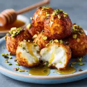A close-up view of whipped ricotta toast with pistachios and honey, showcasing the creamy texture of the ricotta.