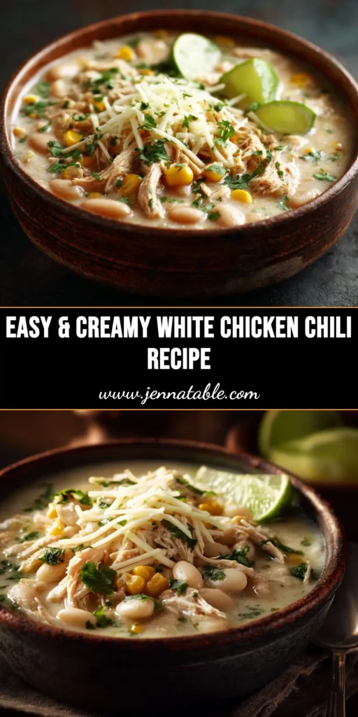 A delicious bowl of creamy white chicken chili recipe, garnished with fresh cilantro, avocado, and a lime wedge. The perfect cozy and easy dinner idea.