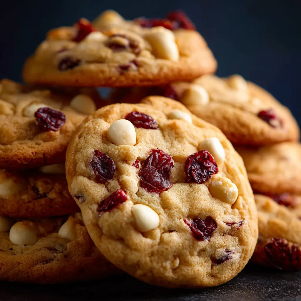 Cookie dough for white chocolate cranberry cookies scooped onto a parchment-lined baking sheet before baking.