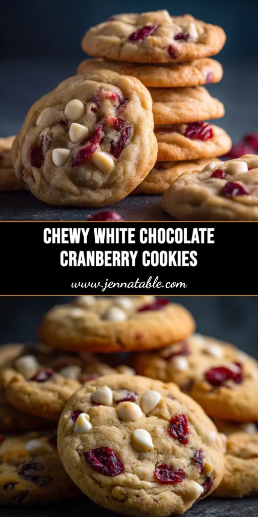 A stack of soft and chewy white chocolate cranberry cookies on a cooling rack, with a few cranberries and white chocolate chunks scattered around.