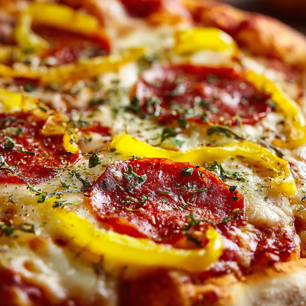 A top-down view of a whole banana pepper pizza, showing the even distribution of pepperoni and tangy peppers on a golden crust.