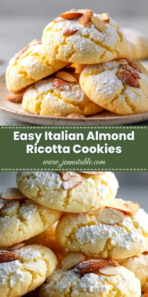 Almond Ricotta Cookies (Soft, Moist, & Incredibly Easy) 4 A stack of soft Almond Ricotta Cookies topped with a sweet white glaze and sprinkled with sliced almonds, ready to be shared.