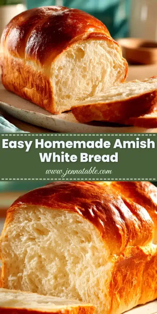 A beautiful hero shot of a golden-brown, freshly baked loaf of Amish white bread on a wooden cutting board, with one slice cut to show the soft, fluffy texture. This image represents the final result of the Amish White Bread Recipe.