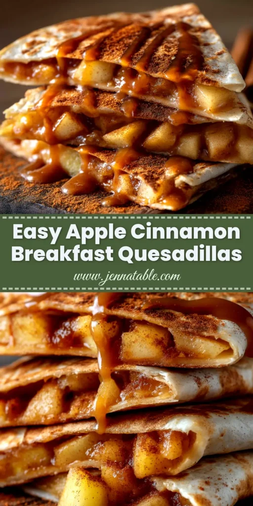A plate of delicious Apple Cinnamon Breakfast Quesadillas, sliced into wedges and showing the warm, gooey apple and cream cheese filling.