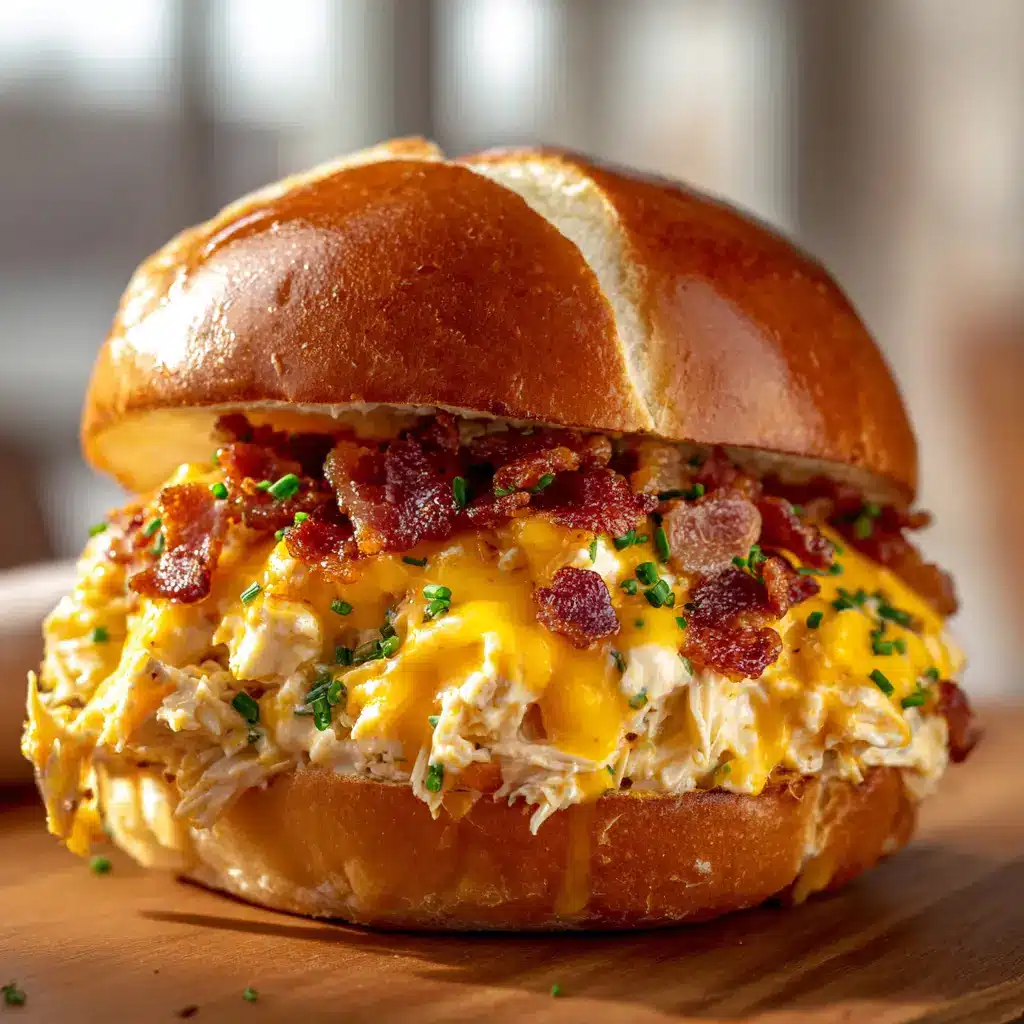 Crack Chicken Sandwiches (The Ultimate Guide) 1 A fully assembled Crack Chicken Sandwich on a toasted brioche bun, ready to eat. The creamy chicken and bacon filling is visible from the side.