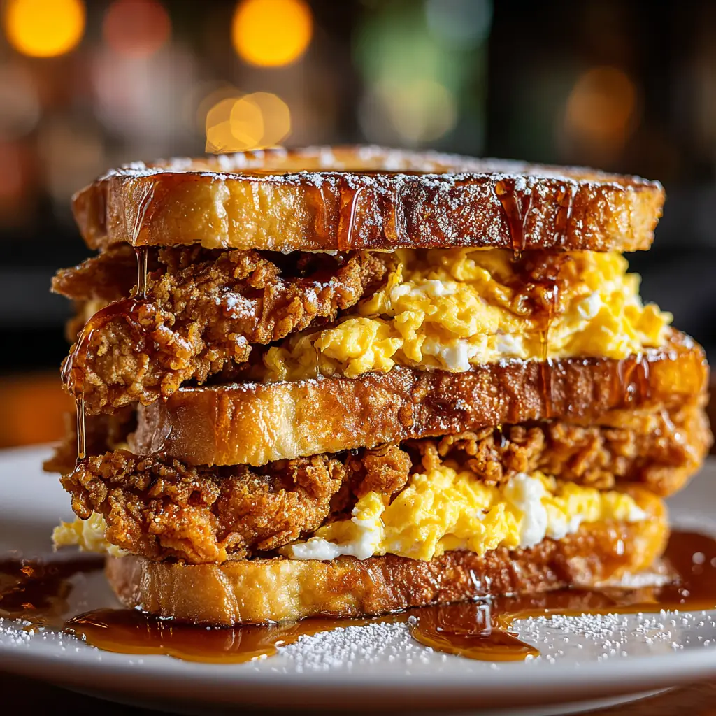 The fully assembled French Toast Fried Chicken Sandwich, cut in half to show the juicy chicken interior and fluffy bread.