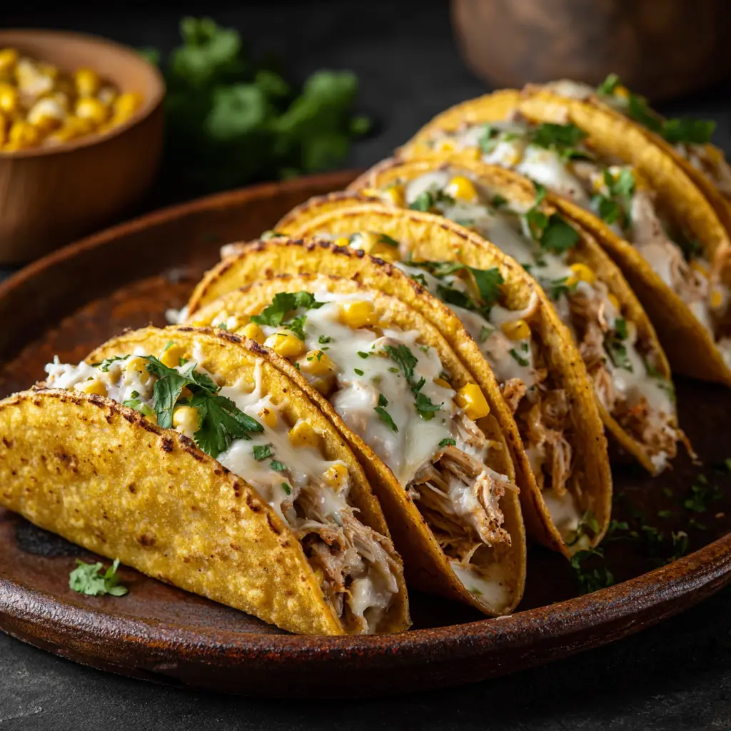 A plate of assembled White Chicken Chili Tacos, garnished with fresh toppings, showcasing the final delicious meal.