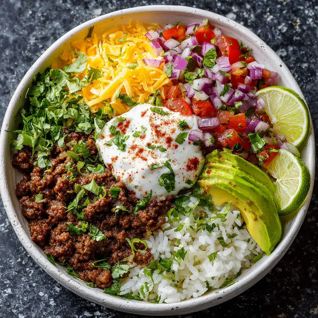 Assembling a healthy burrito bowl with seasoned meat, corn, and black beans. This shows the step-by-step process of building the perfect taco rice bowl.