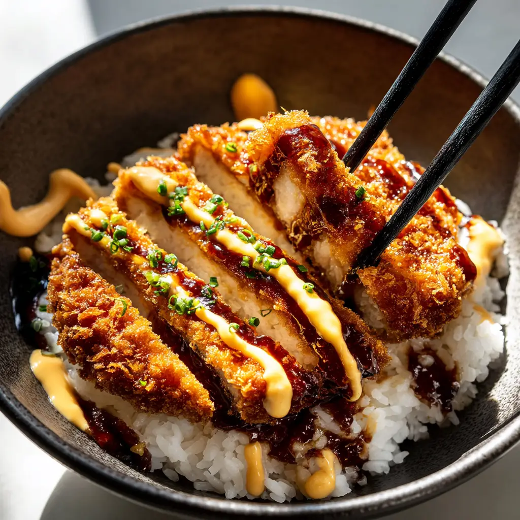 The final assembly of a Japanese Katsu Bowl, with savory egg and onion topping being poured over the crispy pork and steamed rice.