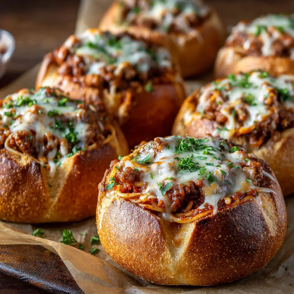 Four spaghetti garlic bread bowls on a baking sheet, assembled and ready to be baked in the oven.