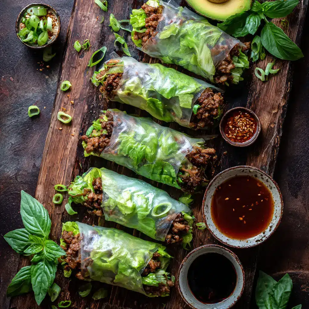 A close-up action shot showing the process of assembling a Thai Basil Beef Roll with all the fresh ingredients laid out on a rice paper wrapper.