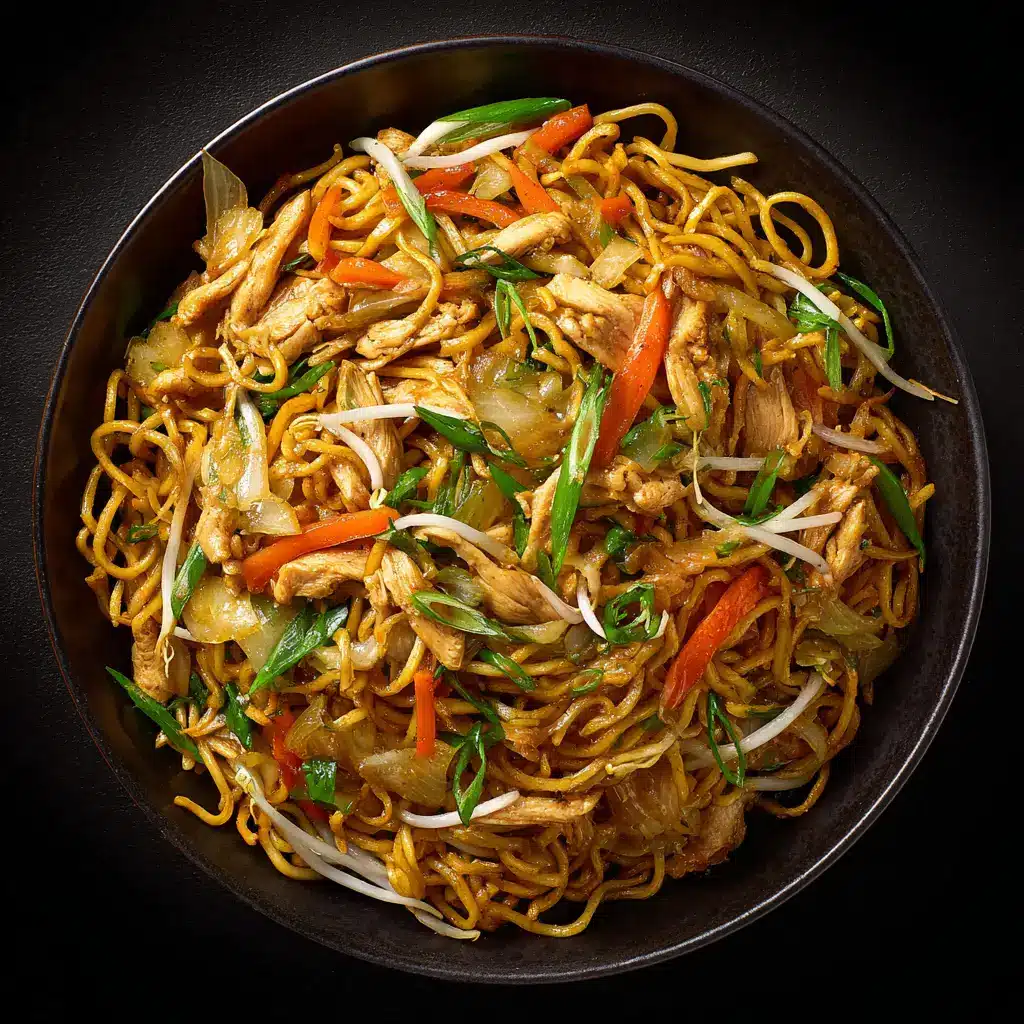 Chow Mein Recipe (Better Than Takeout!) 2 An overhead close-up shot of authentic chow mein noodles being stir-fried with fresh vegetables in a wok. The image highlights the texture of the homemade chow mein.