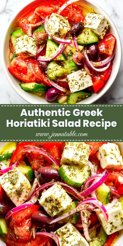 A vibrant and authentic Greek Horiatiki Salad in a white ceramic bowl, topped with a large block of feta cheese and a sprinkle of oregano. The perfect summer village salad.