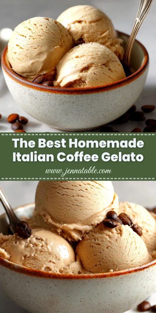 A close-up of a scoop of creamy Italian coffee gelato being lifted from a bowl, showcasing its smooth, dense texture. The perfect pin for an authentic gelato recipe.