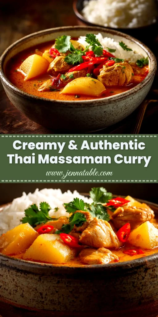A beautiful bowl of authentic Massaman Curry with chicken, potatoes, and peanuts, ready to be pinned. The rich, creamy sauce is garnished with fresh cilantro.