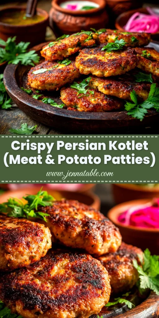 Kotlet Recipe: How to Make Authentic Persian Cutlets 4 An overhead shot of golden-brown Persian cutlets made from an authentic Kotlet recipe, served on a platter with fresh tomatoes and herbs.