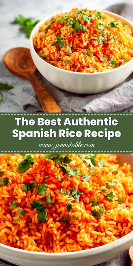 A close-up overhead shot of a skillet filled with fluffy, authentic Spanish Rice Recipe, garnished with fresh cilantro.
