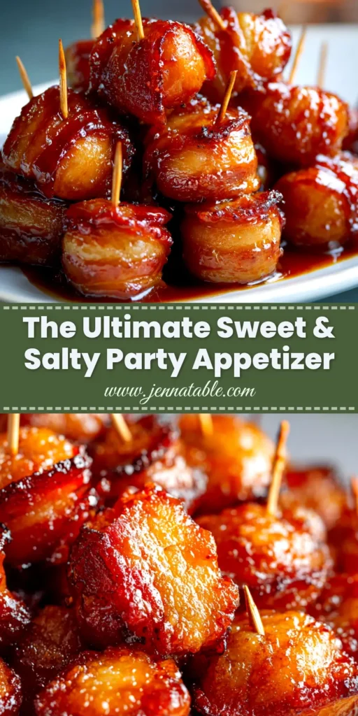 A platter of delicious bacon wrapped water chestnuts, glazed with a sweet and savory sauce. A perfect appetizer for any party or gathering.