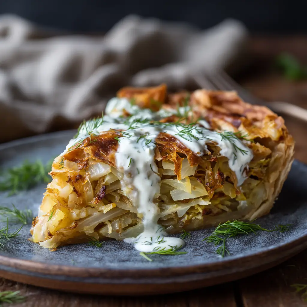 Cabbage Pie Recipe (The Ultimate Comfort Food) 1 The finished cabbage pie recipe fresh out of the oven, with a golden-brown crust and steam gently rising from the vents.