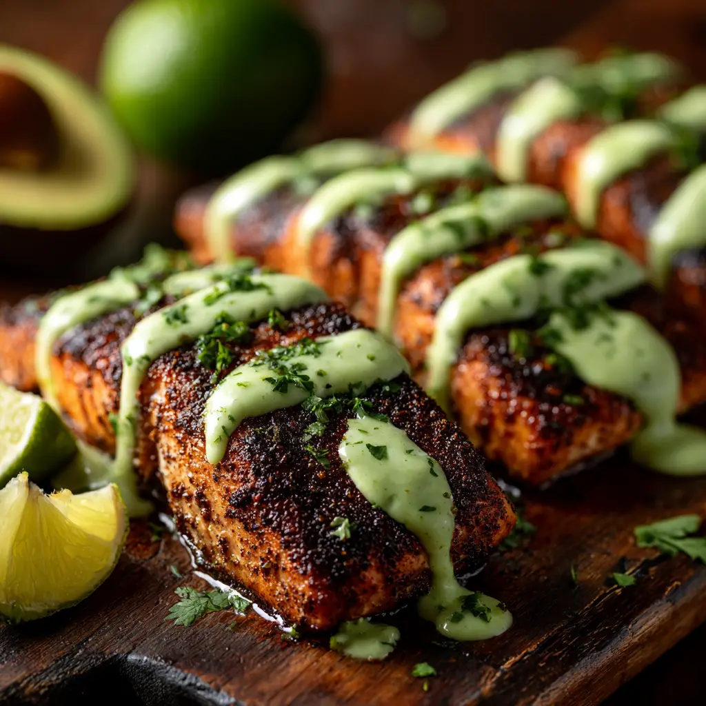 A close-up of a baked Cajun salmon fillet showing the flaky texture and vibrant spices from the homemade seasoning.