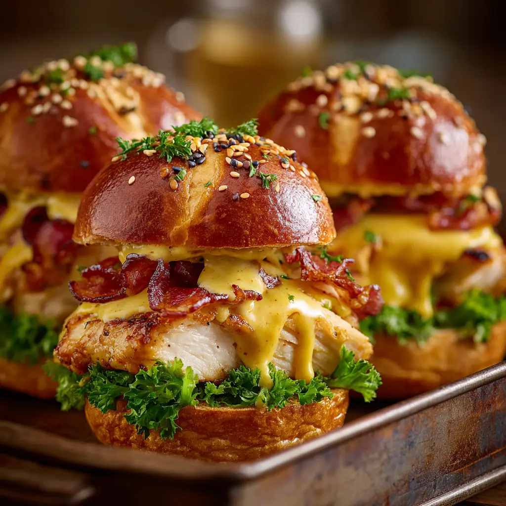 A side view of baked chicken sliders showing the layers of chicken, bacon, lettuce, and tomato inside a soft bun.