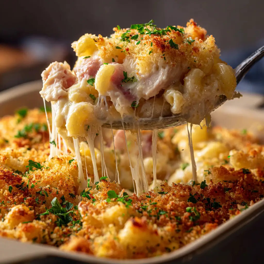 Chicken Cordon Bleu Casserole: The Ultimate Comfort Meal 1 The texture of the baked chicken cordon bleu casserole, showing the crispy panko topping over the savory filling.
