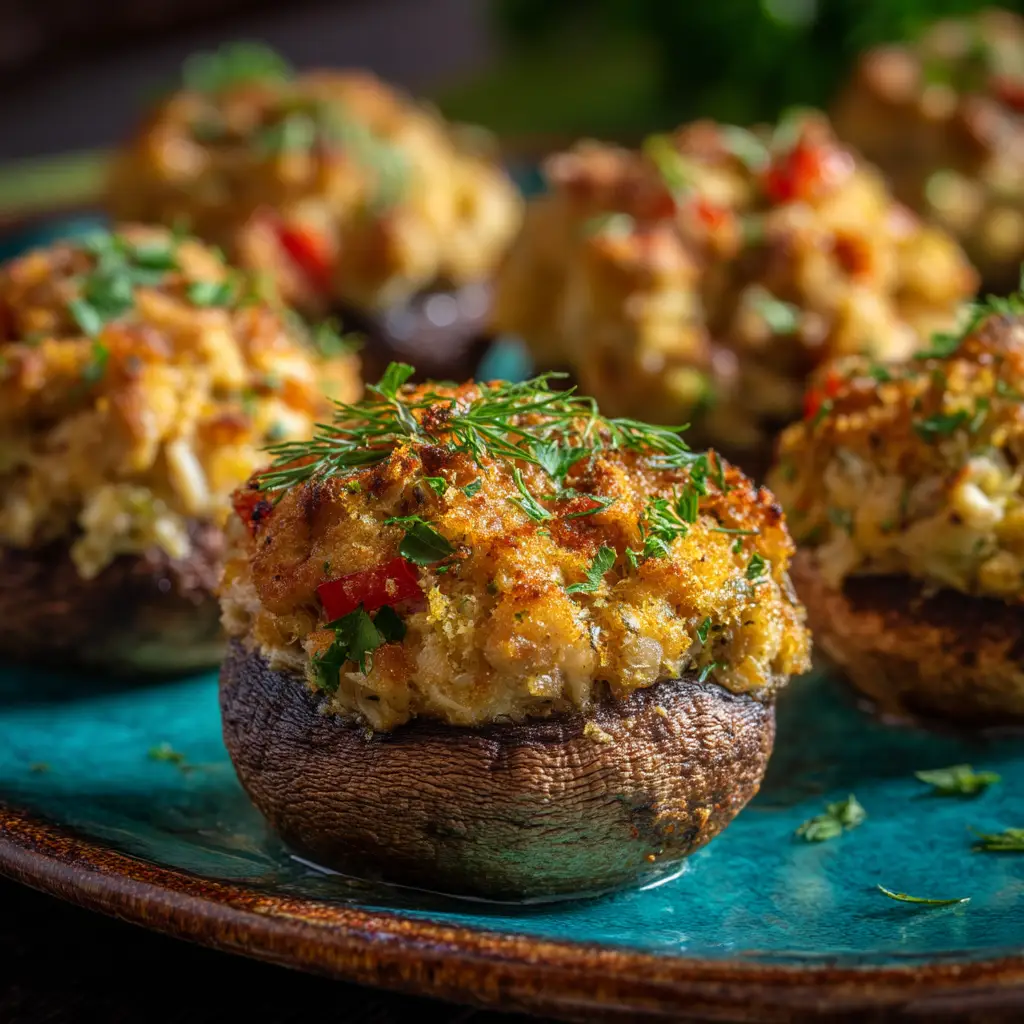 A side view of golden-baked crab-stuffed mushrooms, highlighting the juicy mushroom and the hot, bubbly crab filling.