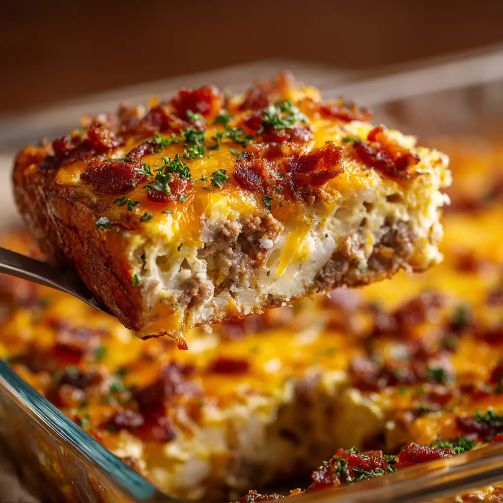 An overhead view of the fully baked hash brown breakfast casserole, golden brown and bubbly, ready to be served to a crowd.