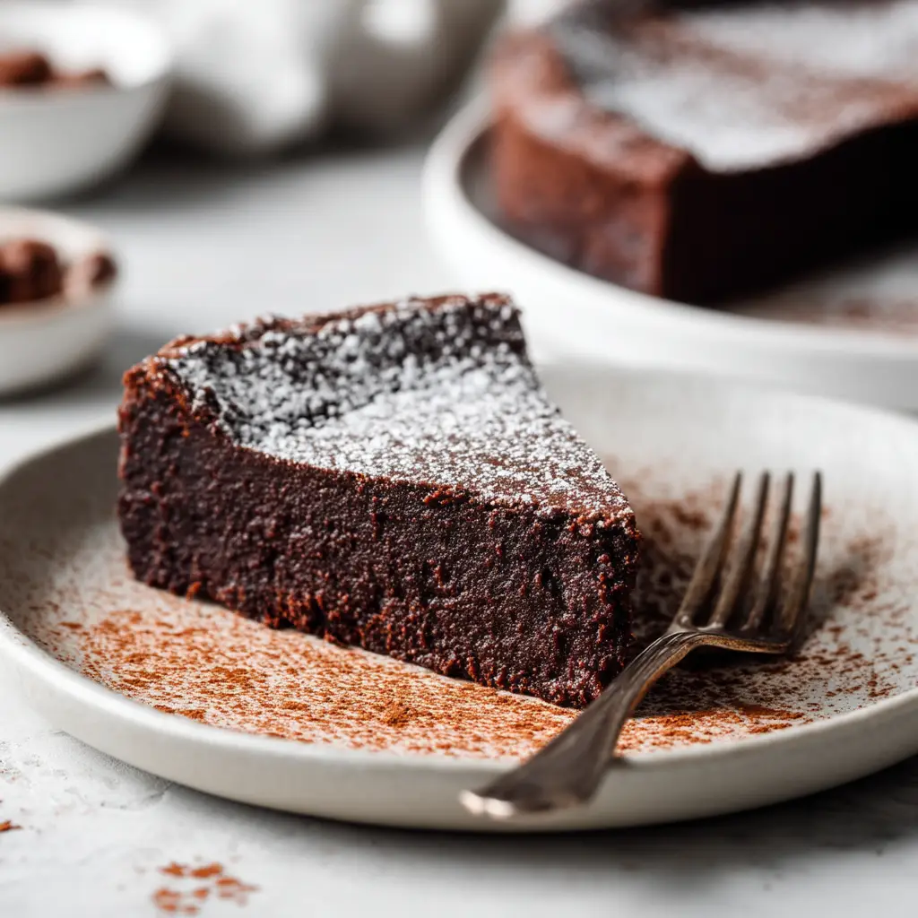Flourless Chocolate Torte: The Ultimate Rich & Decadent Recipe 1 Overhead shot of the full flourless chocolate torte after baking, showing its beautiful naturally cracked top.