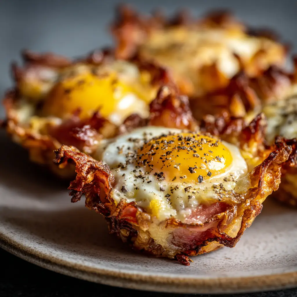 An extreme close-up shot of a savory ham and egg cup, showing the melted cheddar cheese and fluffy baked egg inside the crispy ham.