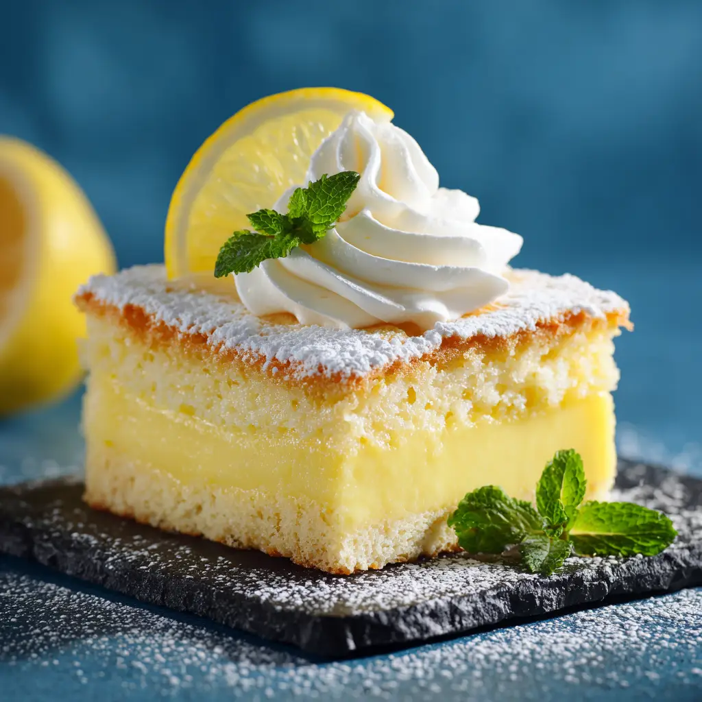 Lemon Custard Cake (The Ultimate Magic Recipe) 1 The full 8x8 pan of baked lemon custard cake, golden brown on top and dusted with powdered sugar, with one slice already removed.