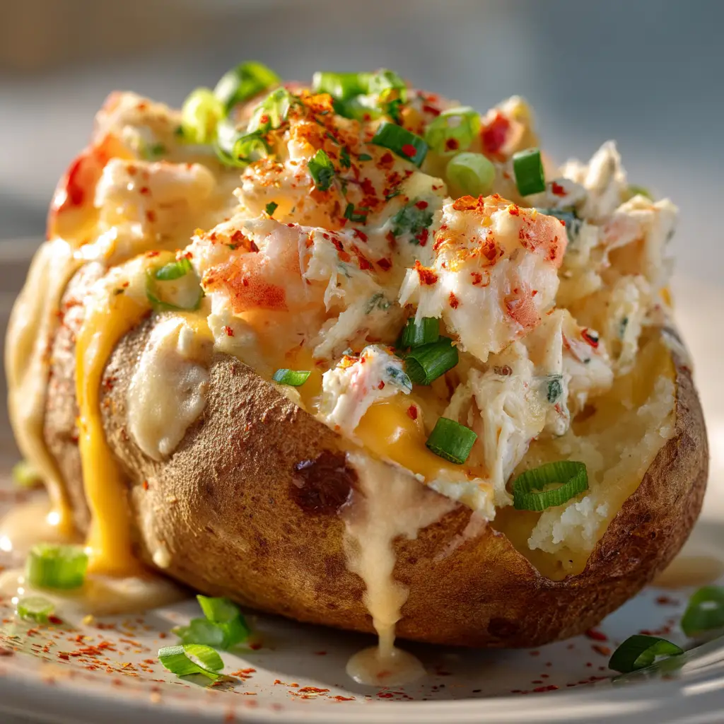 Cajun Seafood Stuffed Potatoes (The Ultimate Creamy Recipe!) 2 A rustic, close-up shot of a baked potato split open, revealing the fluffy interior, ready to be stuffed with a creamy seafood filling.