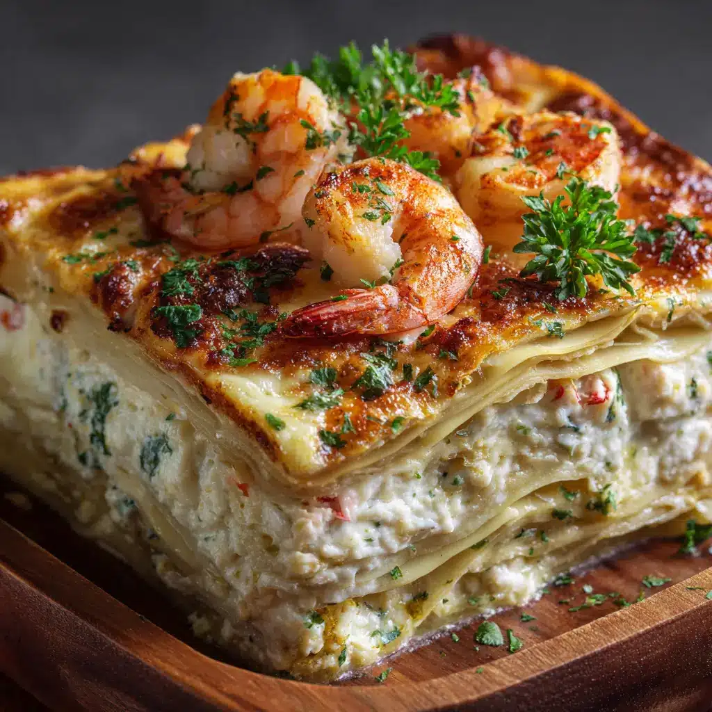Seafood Lasagna (The Ultimate Creamy Recipe) 1 The full 9x13 baking dish of homemade seafood lasagna, fresh out of the oven with a bubbly, golden-brown cheese topping.