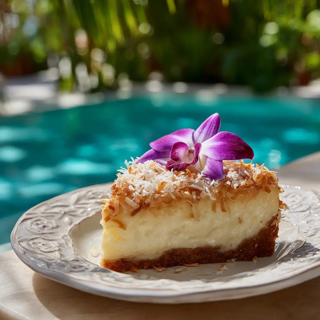 A top-down view of the golden-brown top of a freshly baked Brazilian custard cake in its pan.