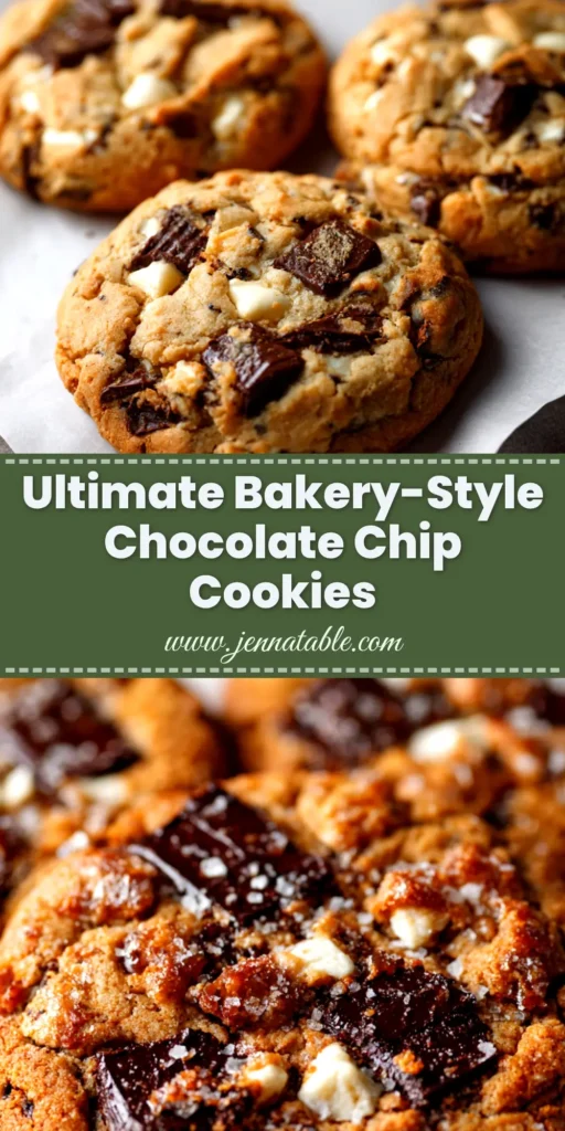 Bakery-Style Chocolate Chip Cookies: The Ultimate Recipe 3 A stack of thick, gooey bakery-style chocolate chip cookies loaded with melted chocolate chunks on a piece of parchment paper.